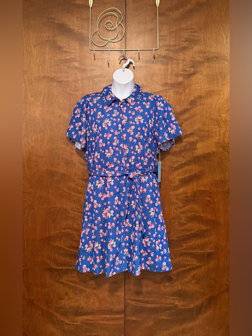 Draper James Short Sleeve Belted Shirt Dress Womens XL Blue & Pink Floral Lined